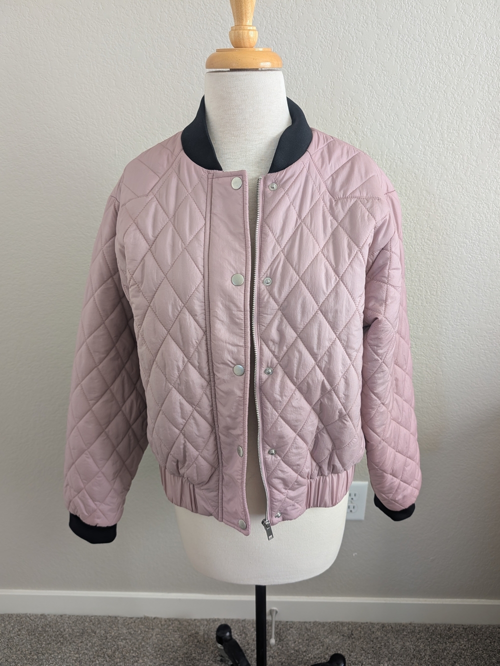 Velvet Heart Dusty Pink Quilted Bomber with Black Trim
